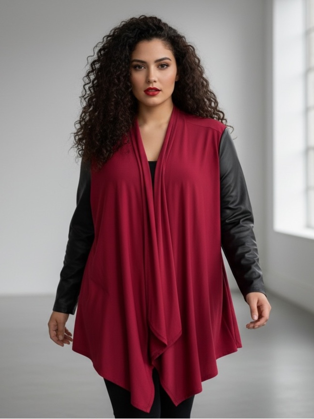 Joan Rivers Luxe Mulberry Waterfall Cardigan Faux Leather Sleeves 2X